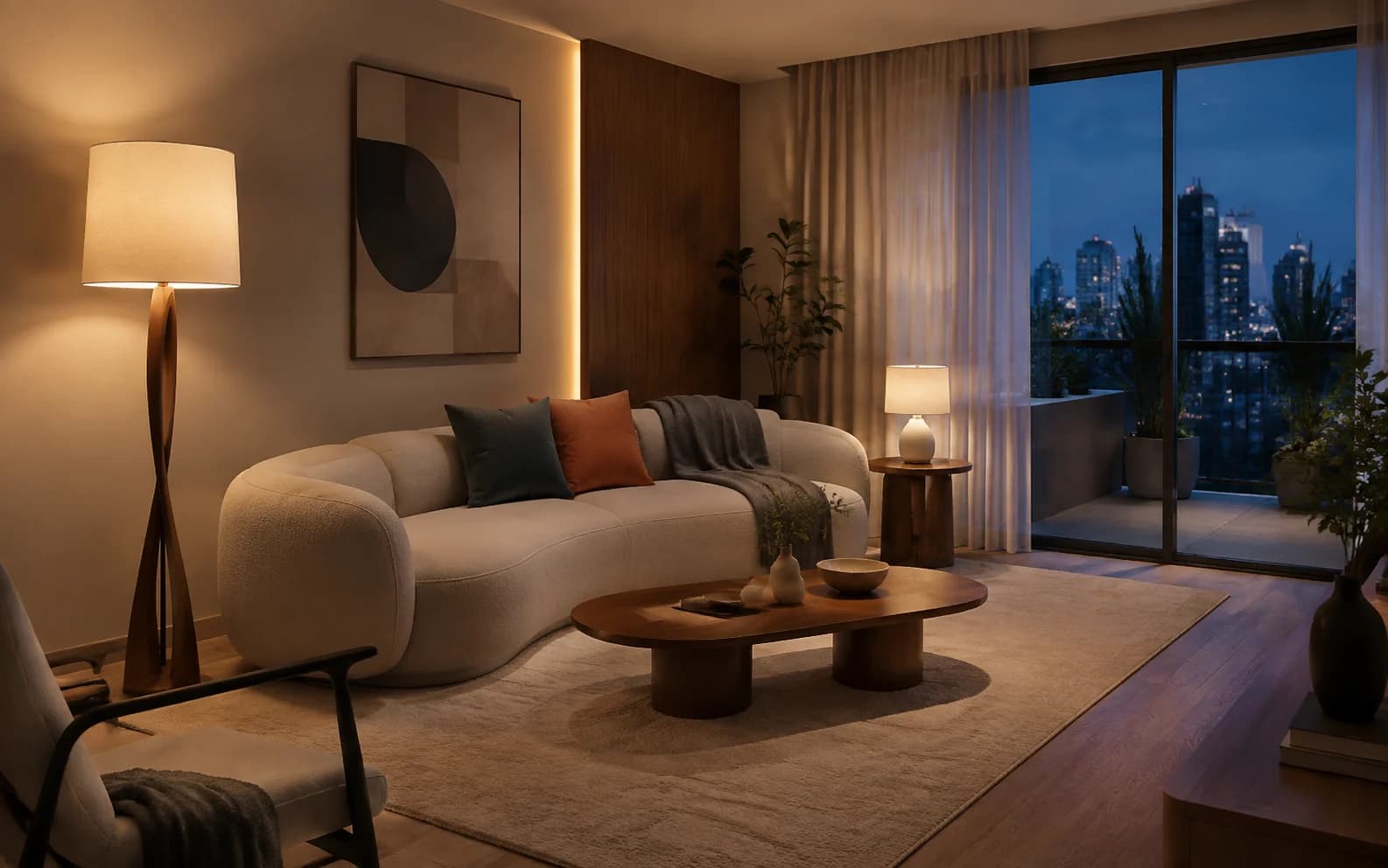 Sala contemporânea com diferentes camadas de iluminação