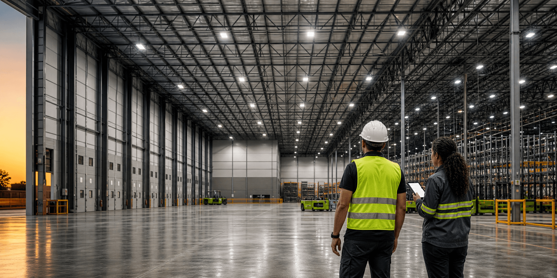 Equipe avaliando a iluminação de um grande espaço corporativo