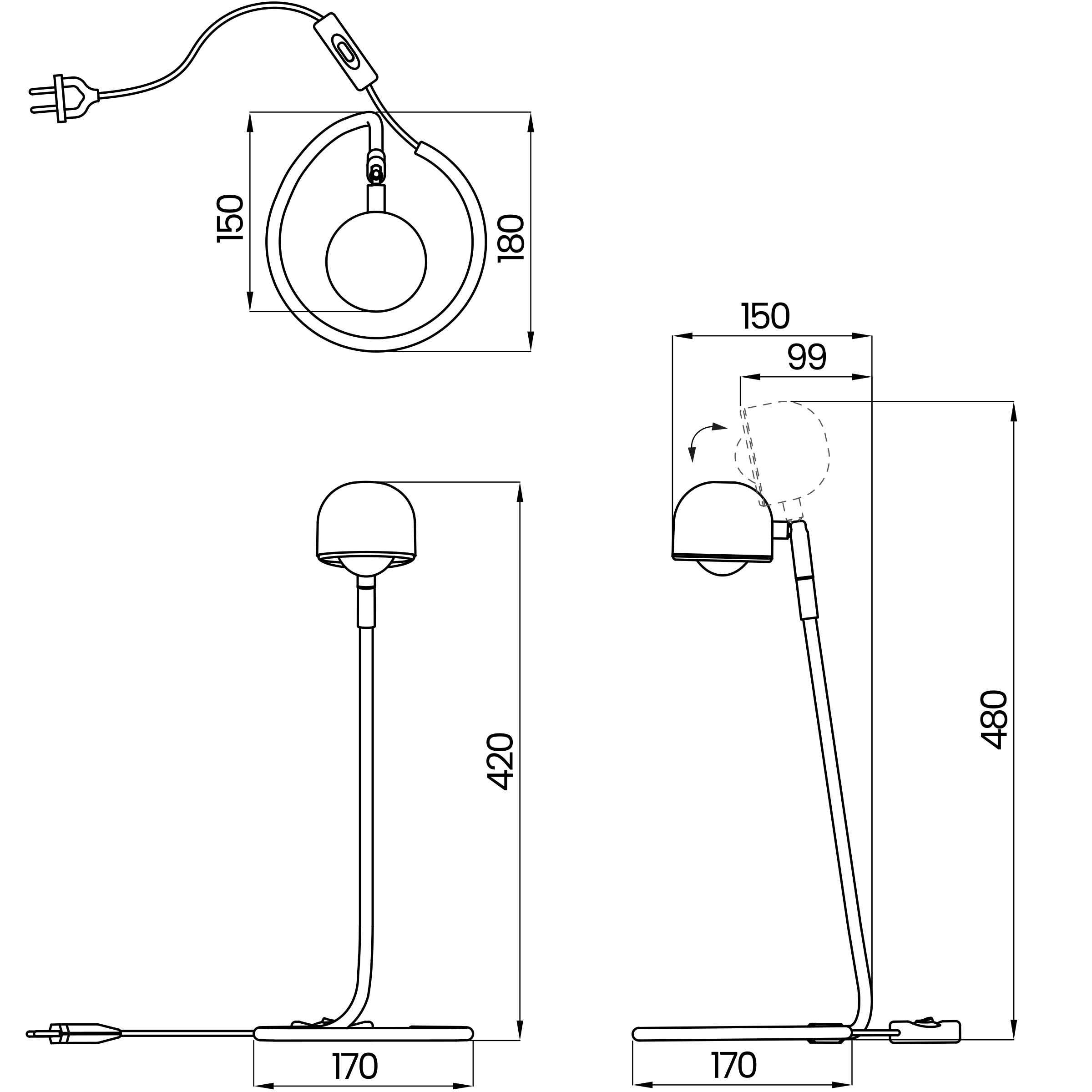 Desenho técnico cotado do abajur, da Usina Design