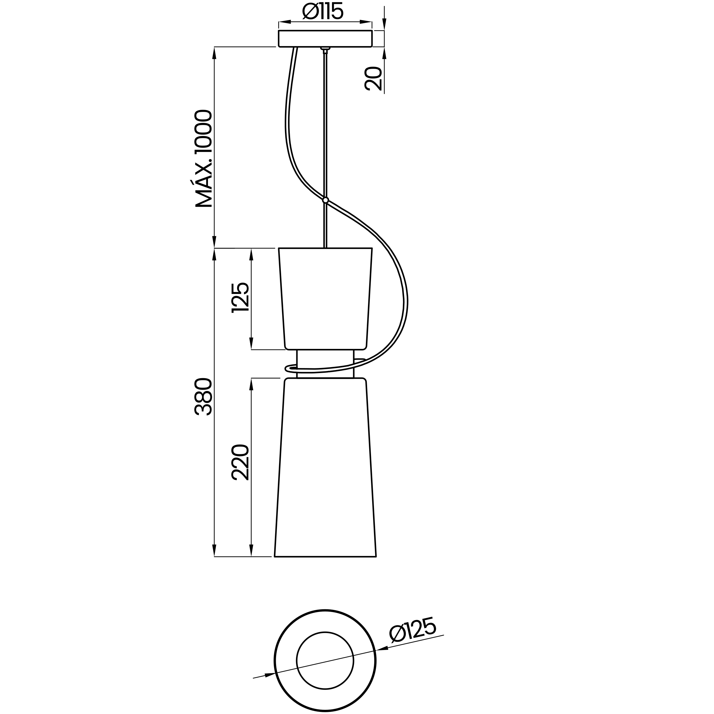 Desenho técnico cotado do pendente, da Usina Design